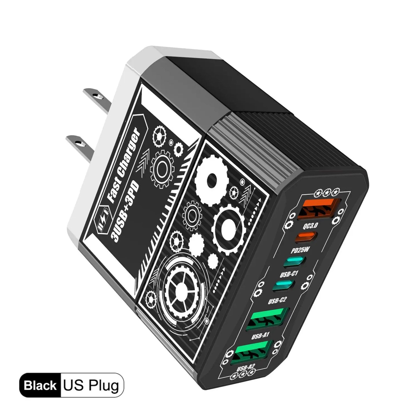 6-Port Fast Charger 3USB-C+3USB-A Fast Charger Portable Intelligent Charger Multiple Interfaces Portable for Pad, Iphon Digital Smartphone Electronic