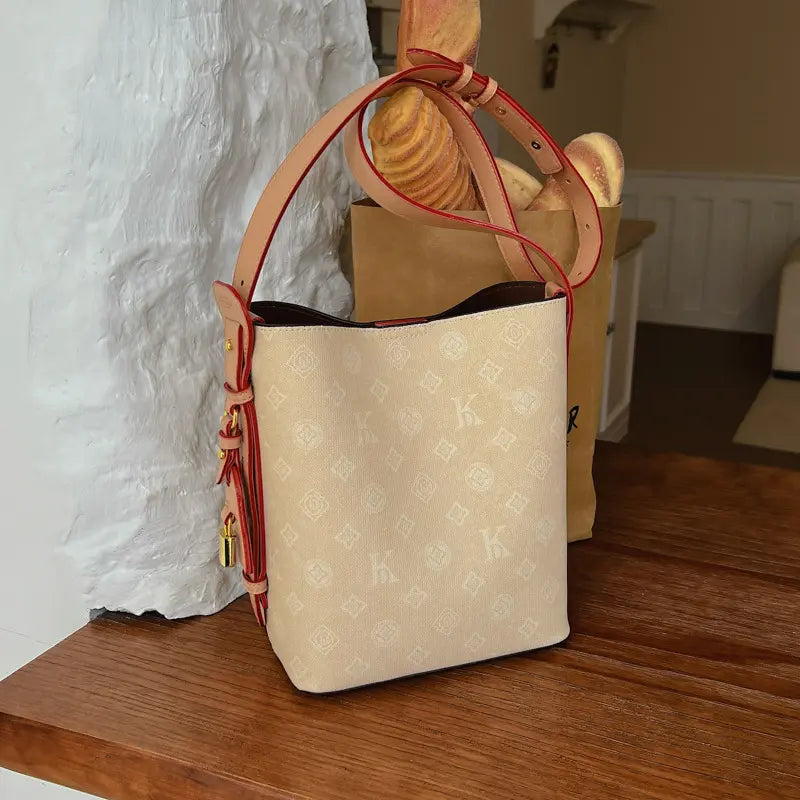 Women'S 2026 New Arrival Premium-Quality Vintage Printed Beige Bucket Bag, Crossbody & Shoulder Tote