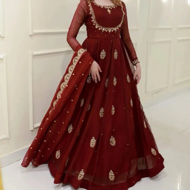 Modern Georgette Sequin Embroidery Gown with Dupatta | Indian Party & Wedding Wear for Women