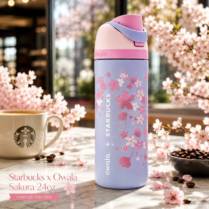 Owala Sakura X Starbuck 24Oz Bottle, Sakura Print Freesip Tumbler, Leakproof Insulated Water Bottle
