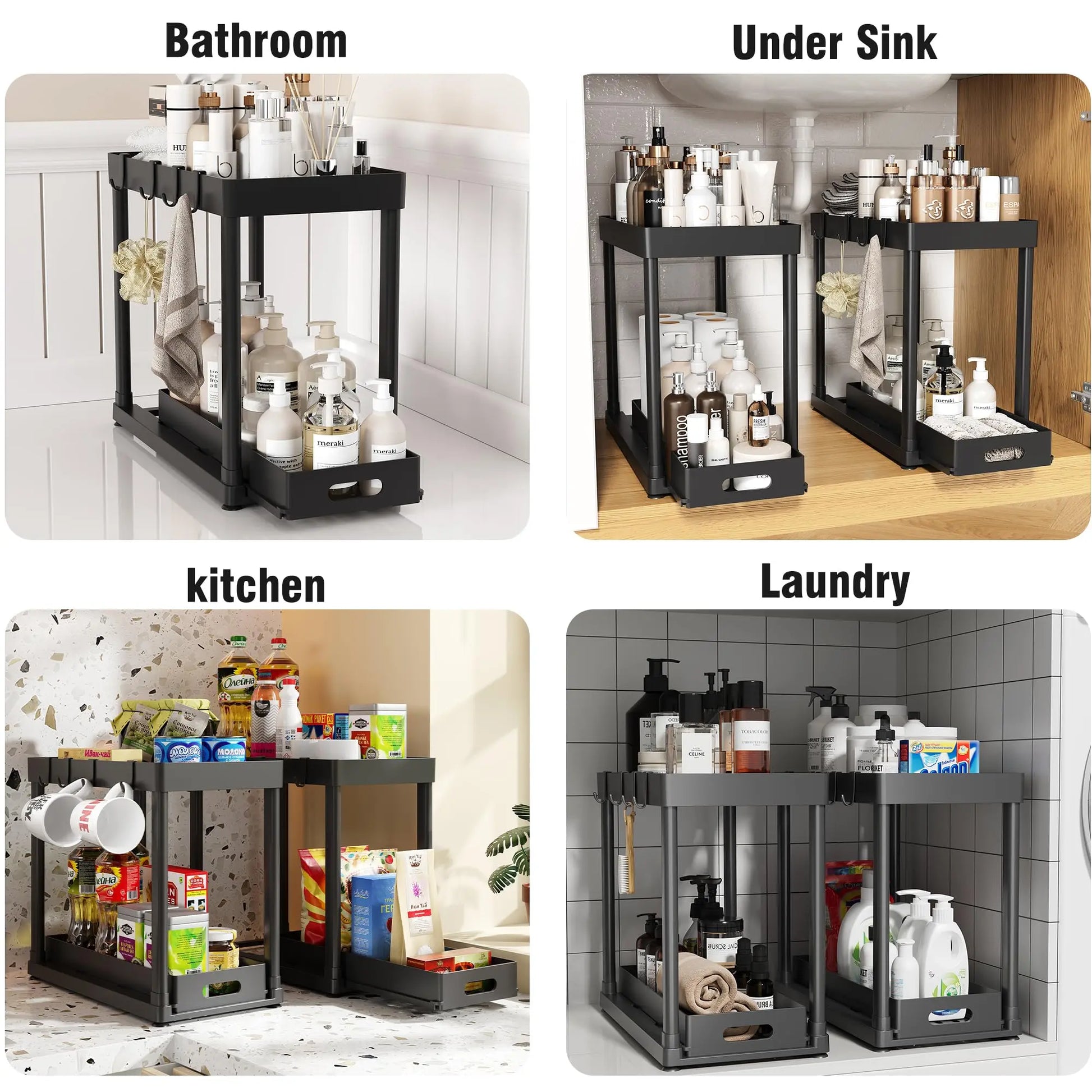 2Pcs under Sink Organizer - Multi-Purpose, 2 Tier Sliding Cabinet Basket, Metal Pipe, 8 Hooks for Kitchen and Bathoom under Sink Organizers and Storage
