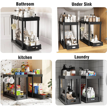 2Pcs under Sink Organizer - Multi-Purpose, 2 Tier Sliding Cabinet Basket, Metal Pipe, 8 Hooks for Kitchen and Bathoom under Sink Organizers and Storage