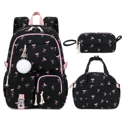 Similove Corduroy Floral Backpack for Girls, 3-Pocket Kawaii 3/4PCS Toddler Bookbag with Lunch Bag&Pencil Case&Water Bottle, Lightweight Casual Daypack for Preschool Travel