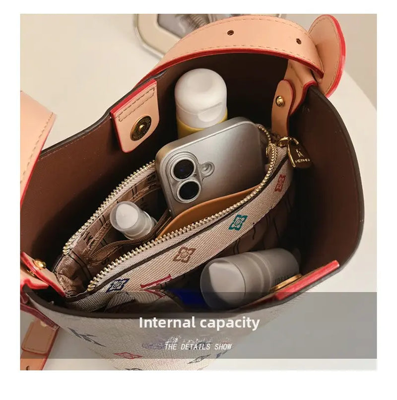 Women'S 2026 New Arrival Premium-Quality Vintage Printed Beige Bucket Bag, Crossbody & Shoulder Tote