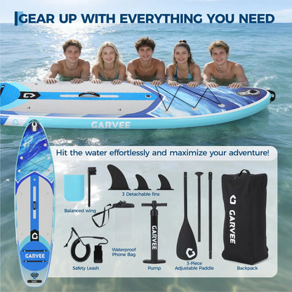 Extra Wide Inflatable Stand-Up Paddleboarding Paddle Board - 10'6" X 32" X 6" - Non-Slip Stable Deck - 450 Lbs Capacity - Deluxe Paddleboarding Accessories, Backpack, Paddle, Air Pump, Camera Mount - Ideal for Yoga, Fishing, Surfing, Beginners