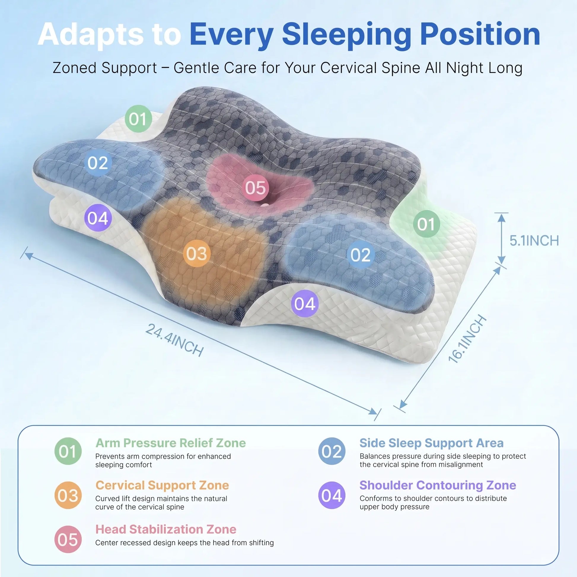 Cooling Slow-Rebound Memory Foam Cervical Neck Standard Pillow - 9-Hole Ventilation, Cotton Washable Cover, Ergonomic Adjustable Fit, Spinal Alignment, Sleeping Pain Relief for Side & Back Sleepers, Machine Washable, Breathable (Pillows for Sleeping)