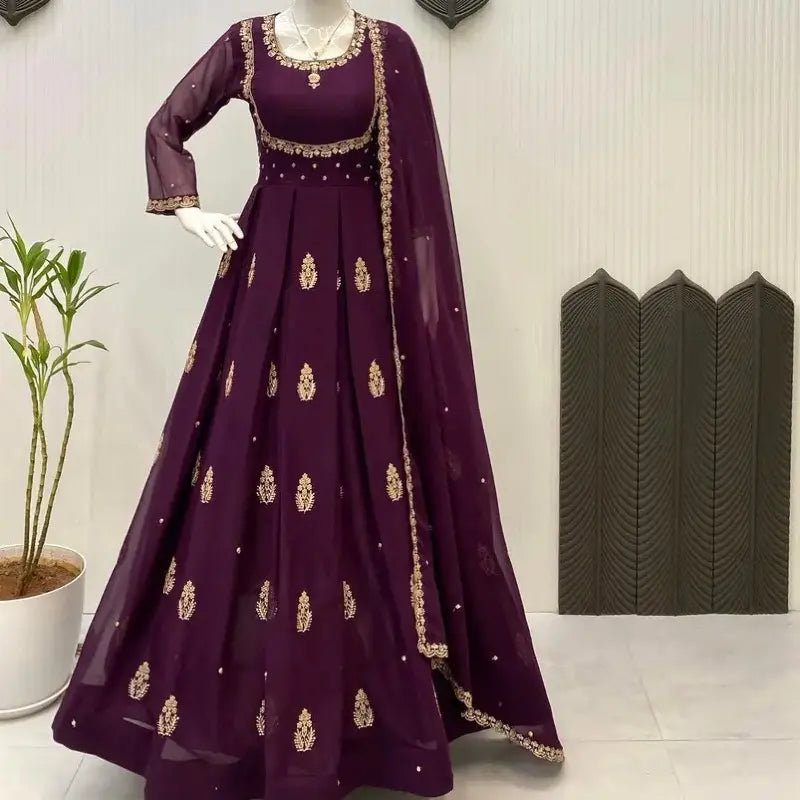 Modern Georgette Sequin Embroidery Gown with Dupatta | Indian Party & Wedding Wear for Women