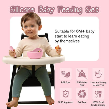 Baby Led Weaning Supplies, 8 Piece Bpa-Free Silicone Feeding Set, Silicone Suction Bowl, Forks & Spoons, Bib & Cup, Develops Self Feeding Skills, Dishwasher Safe, 6+ Months (Pink) Dinnerware