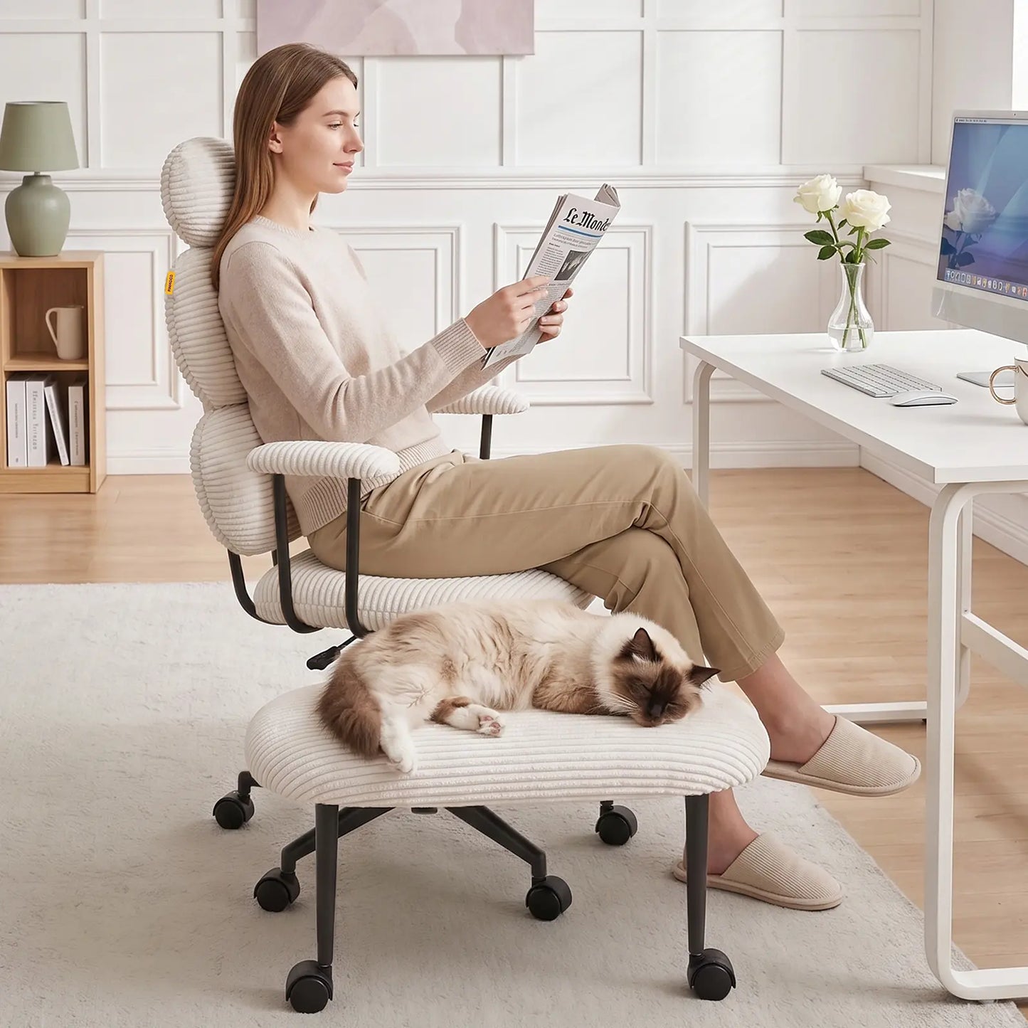 Pinmoco Modern High-Back Ergonomic Office Criss Cross Chair - with Armrests, Dual-Layer Soft Fabric Seat, 360° Swivel, Adjustable Seat Height, for ADHD & Stress Relief, Self-Assembly Required, Ergonomic Office Chair