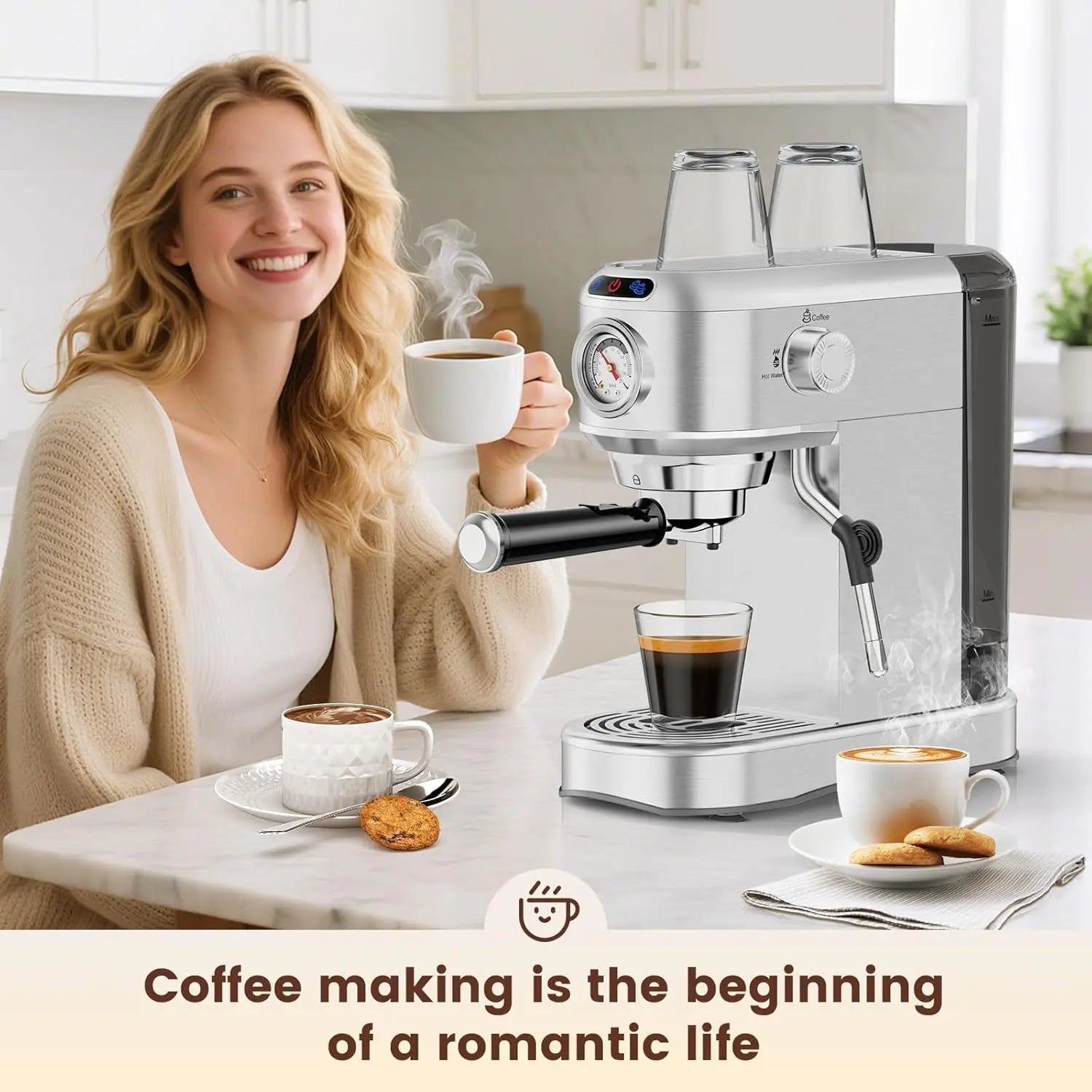 20 Bar Espresso Machine for Home, Semi-Automatic Coffee Maker with Milk Frother Steam Wand, 1450W Motor, 34Oz Water Tank for Latte, Cappuccino, Iced Coffee & Summervibes