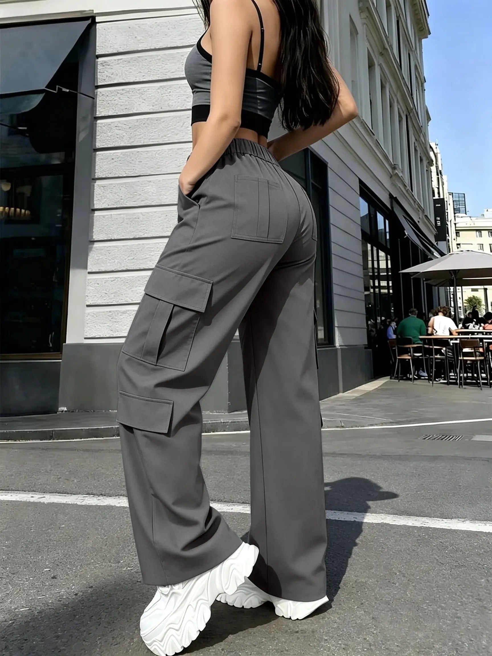 Women’S Cargo Straight-Leg Pants, Mid-Rise Elastic Waistband, Large Side Pockets, Drapey Fabric, Versatile Wide-Leg Floor-Length Casual Pants, Street-Style Trendy Long Pants Summerwins
