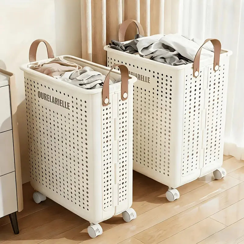 Foldable Laundry Basket with Wheels, Portable Rolling Laundry Hamper with Handles, Breathable Clothes Storage Basket for Bedroom, Bathroom, Laundry Room, Balcony, Closet, Make Home Storage Easier, Laundry Baskets