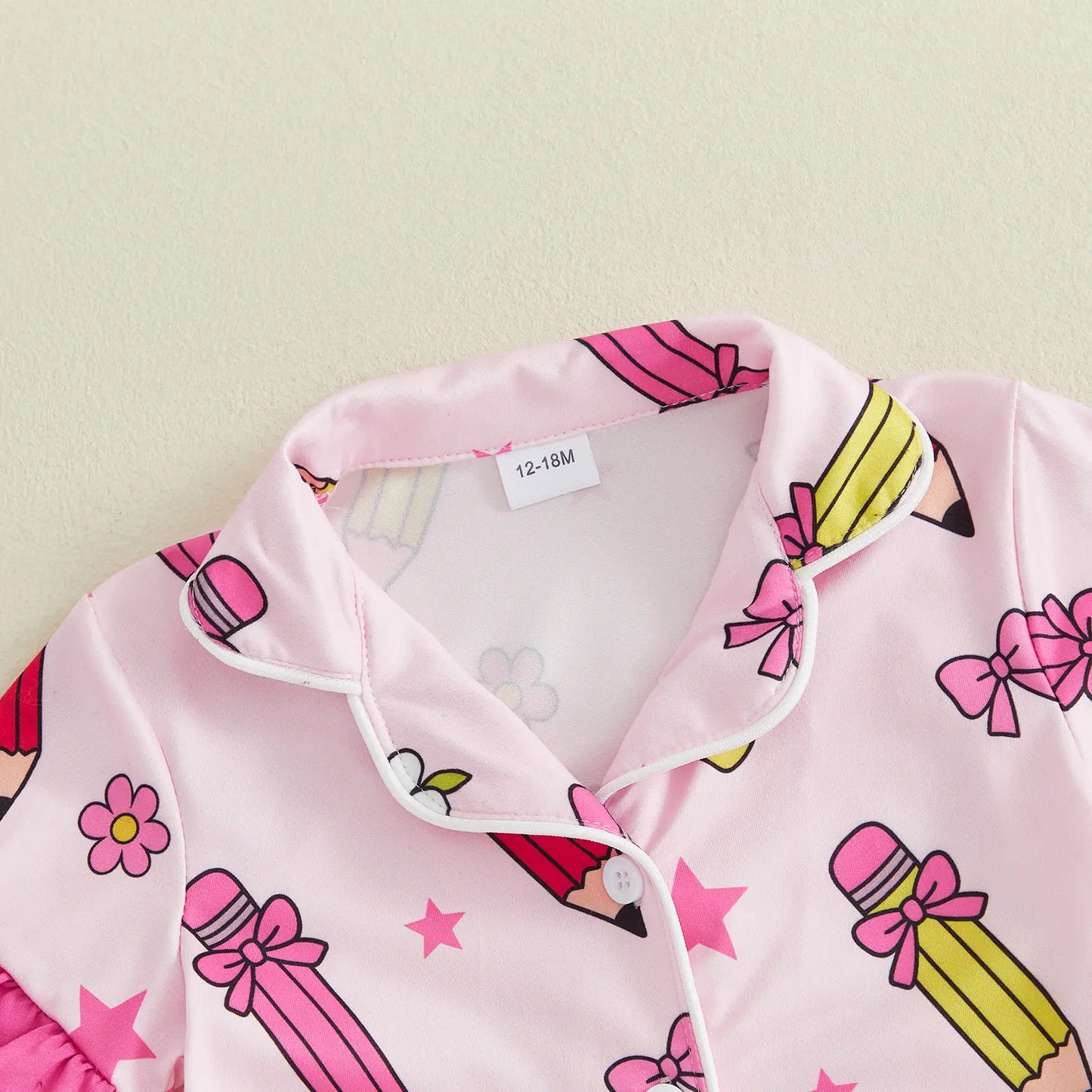 Toddler Girl Back to School Silk Pajamas Short Sleeve Apple Pencil Bow Print Shirt+Shorts First Day of School Outfit