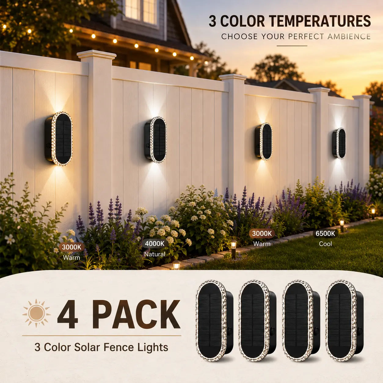 DERAYSION Solar Wall Lights Outdoor up down Dual-Lens, 2/4/6/10 Pack, Warm White + 7 Fixed RGB Colors & Cycle Mode, IP65 Waterproof Solar Fence Lights for Patio Garden Yard