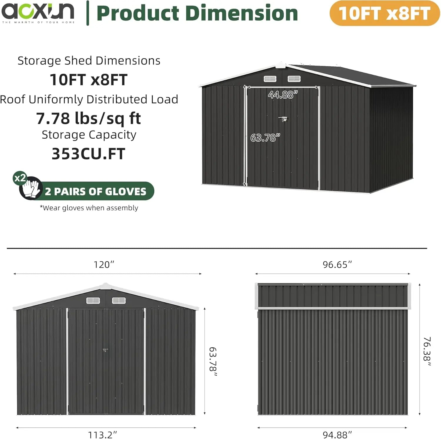 Aoxun Galvanized Steel Outdoor Storage Shed, 10'×8' Gable Roof Metal Tool Shed with Lockable Double Doors, Black for Backyard, Patio,Campingessentials,Outdoorfurnitureset,Campinggear Durable Garden Shed