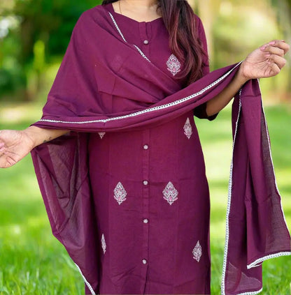 Maroon Indian Women 3Pcs Cotton Dress Suit Womenswear Aesthetic Asian Clothes Long Sleeve