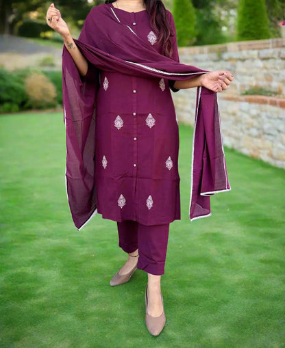 Maroon Indian Women 3Pcs Cotton Dress Suit Womenswear Aesthetic Asian Clothes Long Sleeve