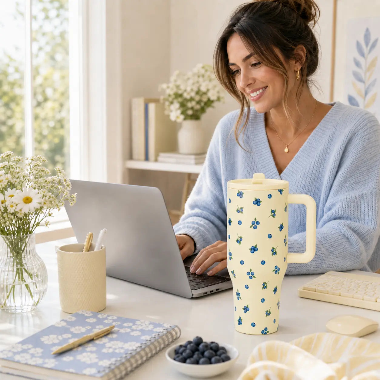 Hydrojug 40Oz Blueberry Print Tumbler with Handle, Vacuum Insulated Stainless Steel Cup with Straw Lid, Leak-Resistant Travel Mug for Car Cup Holder, Office Desk, Gym, Commute, Summer Drinks, Daily Hydration, Cute Aesthetic Gift for Her, Women & Men