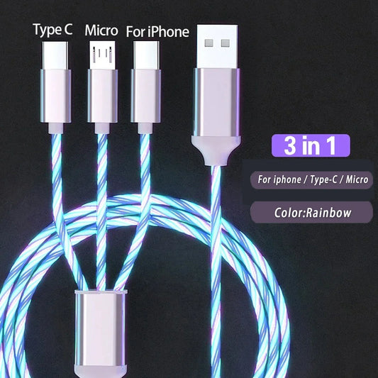 3 in 1 Glowing LED Light Phone Charger Luminous USB Type C Cable for Xiaomi for Iphone for Samsung Phone Accessories Charge Cord