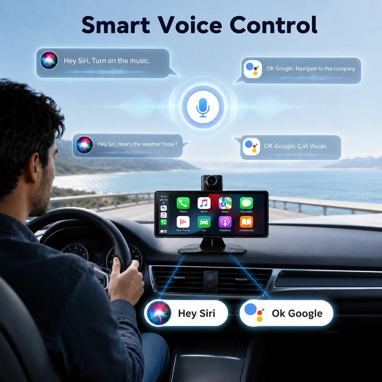 10.26 Inch Full HD Car Touch Screen, Wireless Carplay & Android Auto, Smart Voice Control, Built-In Dash Cam, Auto Pop-Up Rear View Camera, Universal for All Vehicles