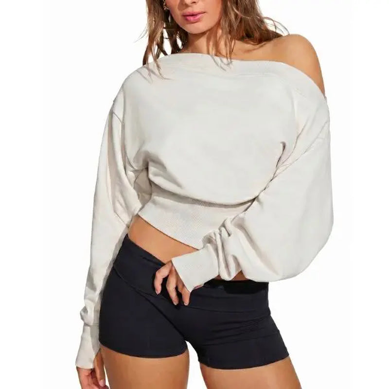 Fisoew Women'S Autumn/Winter Solid Color Casual Y2K Basic Off-Shoulder Sweatshirt — Elastic Street Style Top for Daily Wear & Back-To-School Streetwear