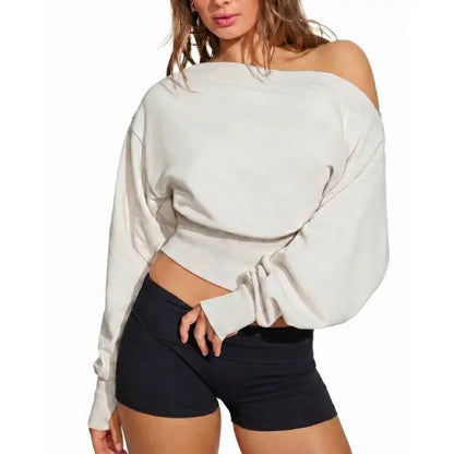 Fisoew Women'S Autumn/Winter Solid Color Casual Y2K Basic Off-Shoulder Sweatshirt — Elastic Street Style Top for Daily Wear & Back-To-School Streetwear