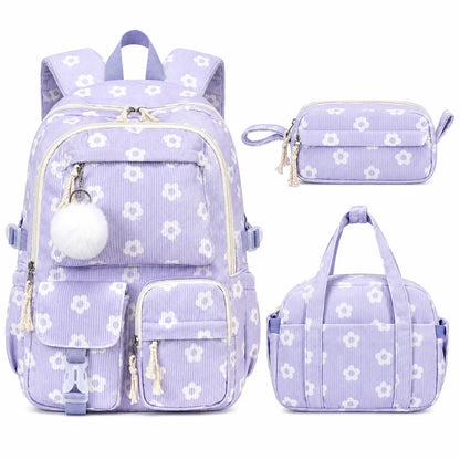 Similove Corduroy Floral Backpack for Girls, 3-Pocket Kawaii 3/4PCS Toddler Bookbag with Lunch Bag&Pencil Case&Water Bottle, Lightweight Casual Daypack for Preschool Travel