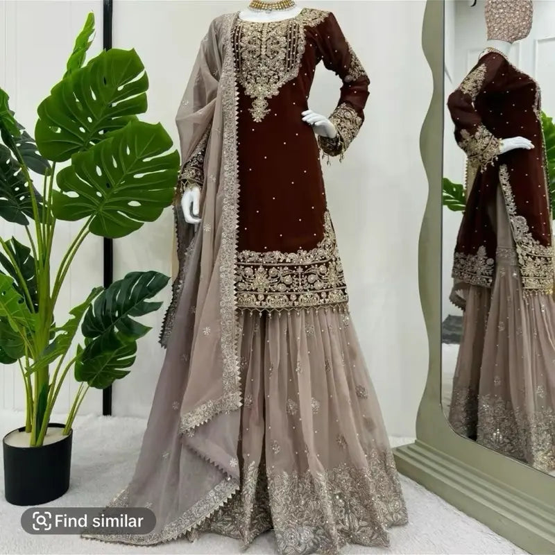 Women Faux Georgette Sharara Indian Suit Party Wear Wedding Set