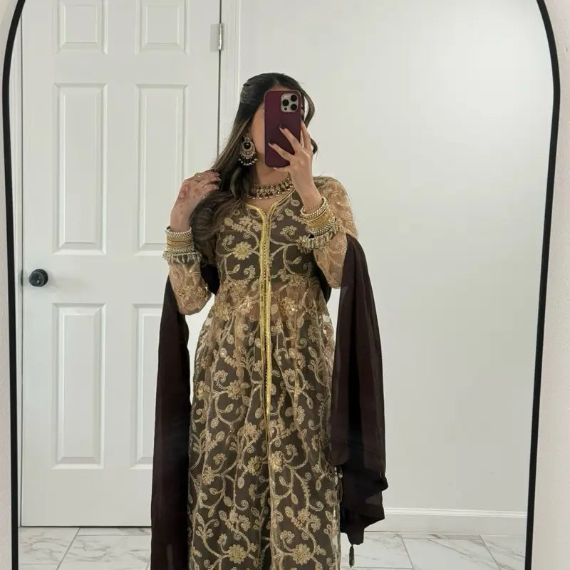 Indian Wedding Wear Long Style Net Sharara with Gold Sequin and Glitter Work for Women'S Party Wear Elegant Design and Versatile Occasion - Elegance, Dress Silk Golden Lightweight Outfit