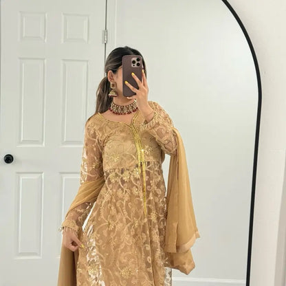 Indian Wedding Wear Long Style Net Sharara with Gold Sequin and Glitter Work for Women'S Party Wear Elegant Design and Versatile Occasion - Elegance, Dress Silk Golden Lightweight Outfit