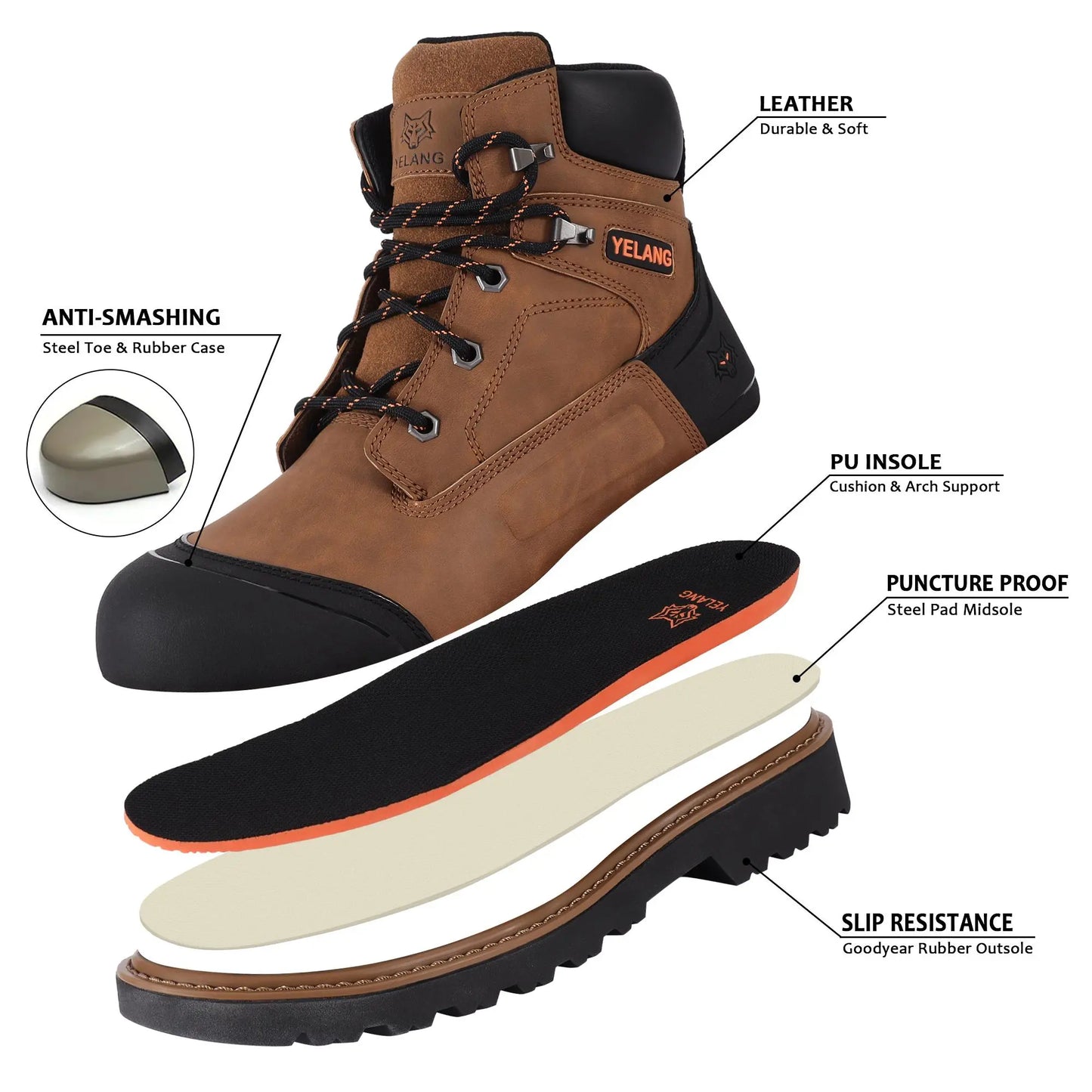 Waterproof Steel Toe Boots for Men-6" Leather Work Boots Indestructible Construction Boots Slip Resistant Safety Boots