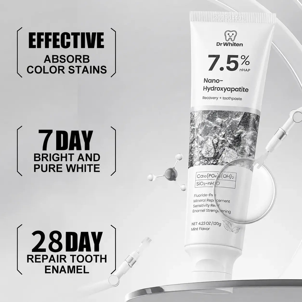 Drwhiten Nano Hydroxyapatite Toothpaste – 7.5% Nhap Fluoride-Free Enamel Repair & Sensitivity Relief, Whitening Toothpaste, Mint Flavor, 4.23 Oz
