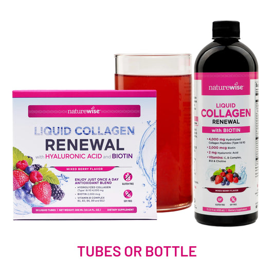 Naturewise Liquid Collagen Renewal - Hydrolyzed Liquid Collagen for Women & Men 4000Mg - High Absorption Liquid Collagen Drink - Type 1 & 3 Peptides + Biotin + Vitamin C + B Complex & Hyaluronic Acid - Mixed Berry or Mango Flavor - Beauty Supplement
