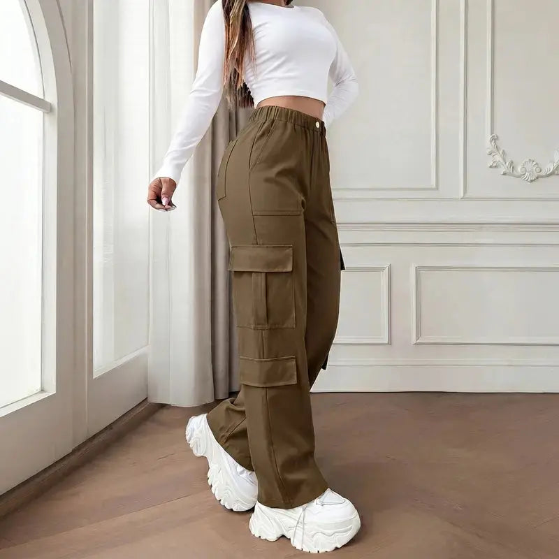 Women’S Cargo Straight-Leg Pants, Mid-Rise Elastic Waistband, Large Side Pockets, Drapey Fabric, Versatile Wide-Leg Floor-Length Casual Pants, Street-Style Trendy Long Pants Summerwins