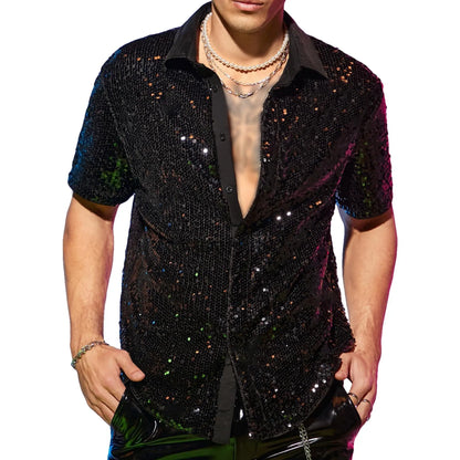 Men'S Short Sleeve Sequin Collared Shirt - Color Block Button-Down Menswear Top, Soft Polyester Fabric for Evening Club Nights, Men'S Fashion Party Wear
