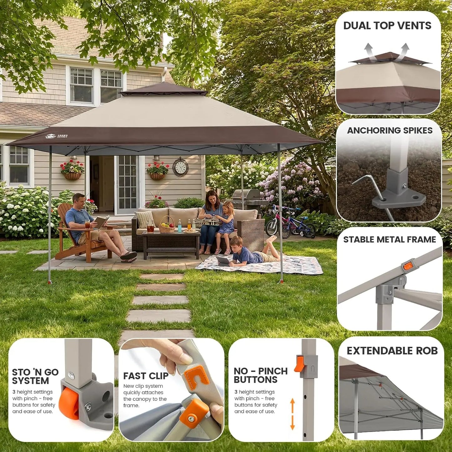 CROWN SHADES 13X13 Pop up Canopy, Outdoor Canopy Tent, Gazebo for Backyard & Patio Furniture, Foldable Sun Shade, Beige&Coffee