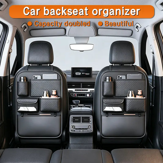 Car Backseat Organizer, Premium PVC Leather Large Capacity Storage Bag with Multi Pockets, Seat Back Protector with Cup Holder & Tissue Box Holder, Universal Car Organizer for SUV Truck Van, Must Have Car Interior Accessory