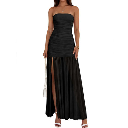 Wenrine Women'S Summer Tube Top Dress Strapless Mesh Sexy Ruched Patchwork High Slit Long Cocktail Party Maxi Dresses