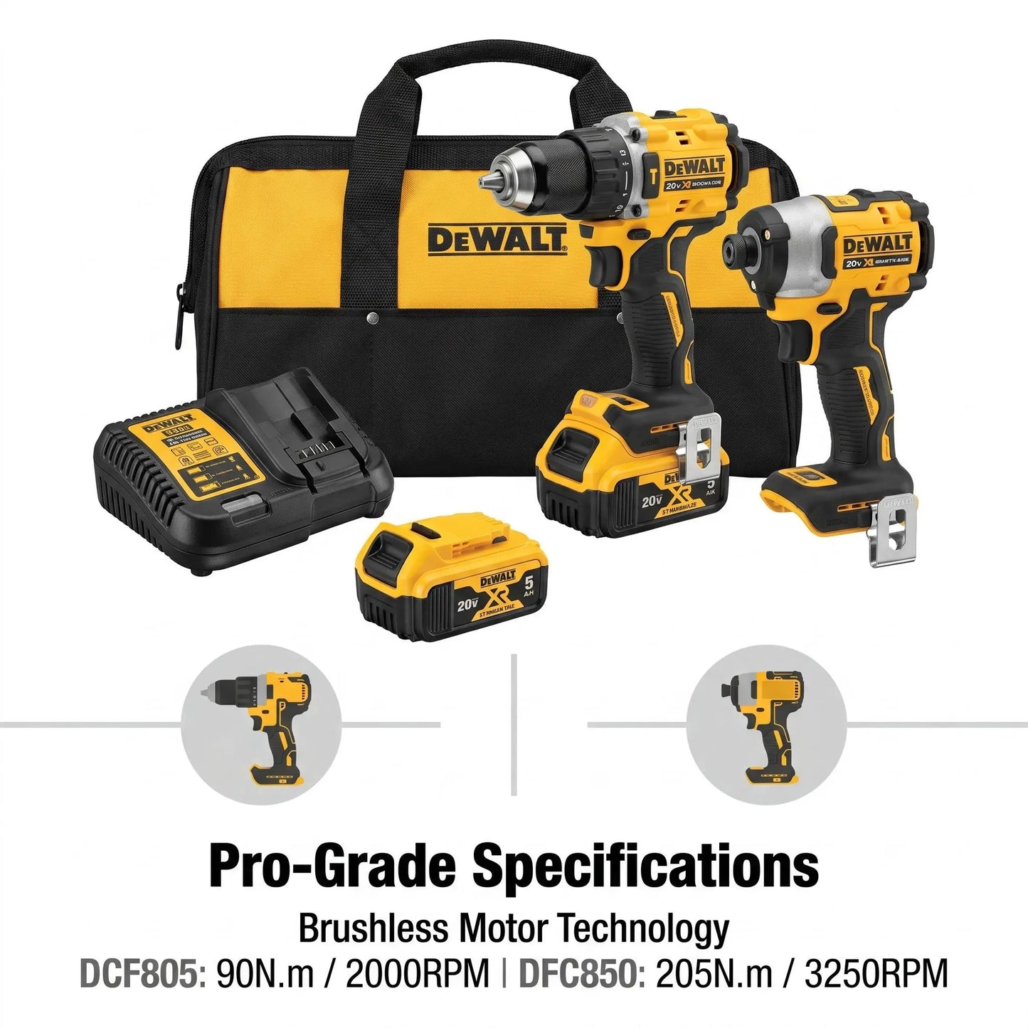 DEWALT DCF805 Hammer Drill and DCF850 Impact Driver Combo Kit 20V Brushless Power Tools Battery Charger