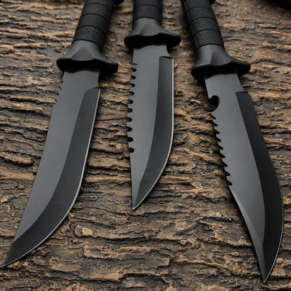 Multi Profile Kitchen Meat Cutting Knife - Black Coated Stainless Steel Fixed Blade with Segmented Textured Anti-Slip Handle for Household Food Prep, Kitchen Knives