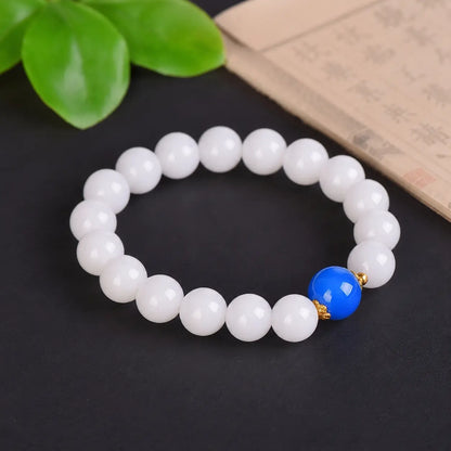 Ethnic Eastern-Inspired Natural Stone Bracelet - Polished White with Blue Accent, Unisex Inspirational Wellness Jewelry for Meditation, Calming Energy of Water Element, Costume Fashion Accessory