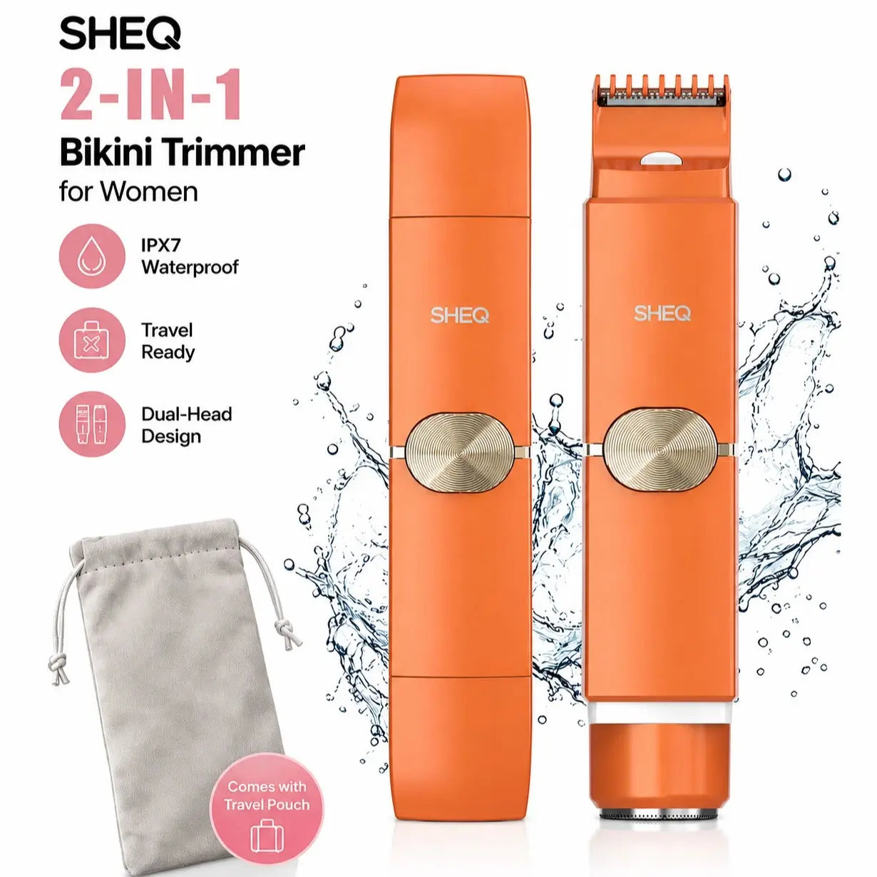 Portable Electric Bikini Trimmer for Women, Rechargeable 2-In-1 Electric Shaver with Dual Heads, IPX7 Waterproof Body Grooming Tool for Pubic Hair, Underarms, Face & Legs, Travel Essential with Storage Pouch