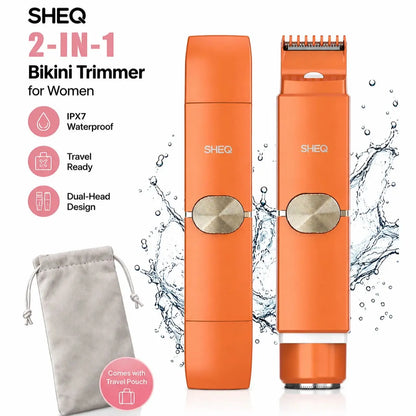 Portable Electric Bikini Trimmer for Women, Rechargeable 2-In-1 Electric Shaver with Dual Heads, IPX7 Waterproof Body Grooming Tool for Pubic Hair, Underarms, Face & Legs, Travel Essential with Storage Pouch