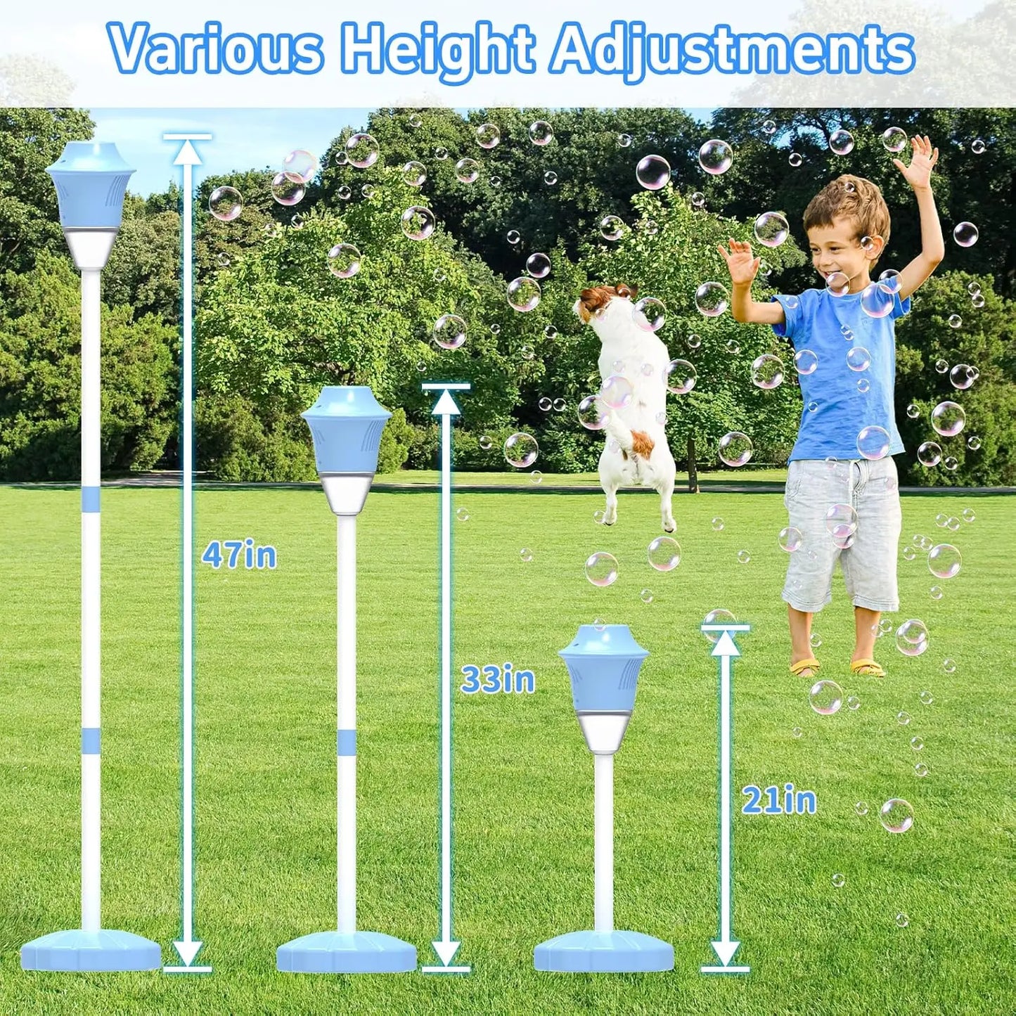 Bubble Machine for Kids, Automatic Standing Bubble Maker Machine Height Adjustable up to 47 Inches Outdoor Battery Bubble Machine with Light/Music for Toddlers Birthday Party Gifts(Blue)