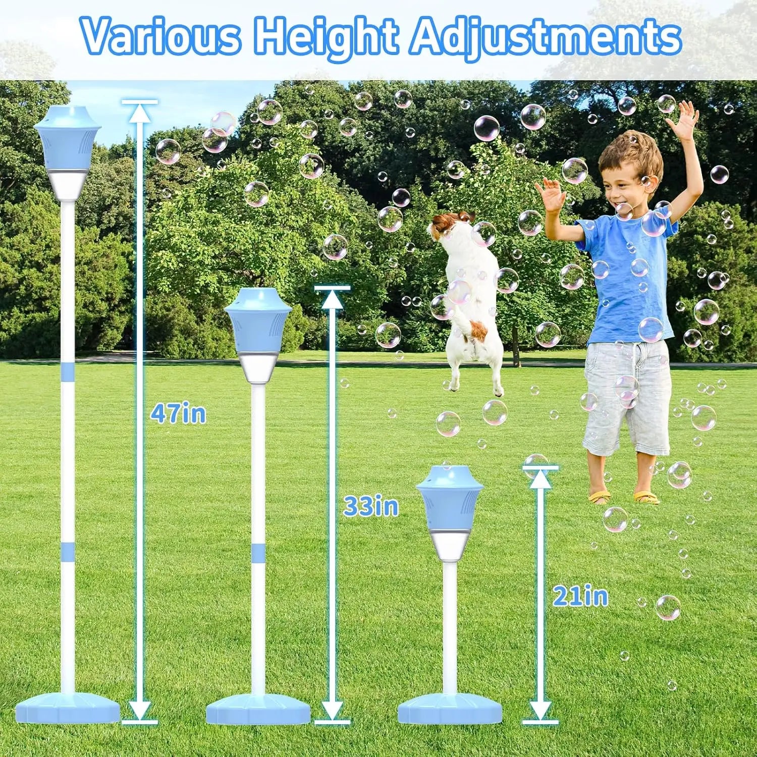 Bubble Machine for Kids, Automatic Standing Bubble Maker Machine Height Adjustable up to 47 Inches Outdoor Battery Bubble Machine with Light/Music for Toddlers Birthday Party Gifts(Blue)
