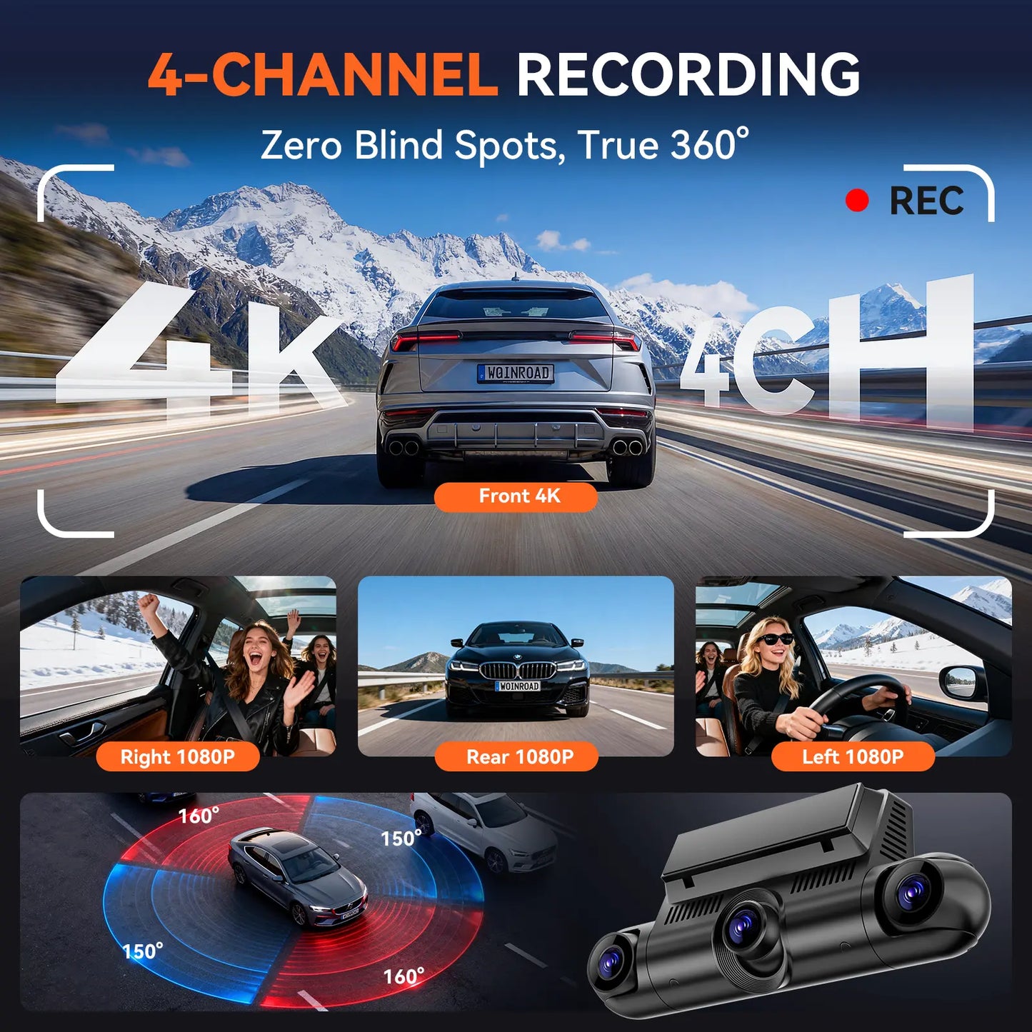 4K 4 Channel Dash Cam Front & 170° to 150° Ultra-Wide Angle 4Lenses Simultaneous Recording 5.8Ghz Wifi GPS 8 IR Lights Gravity Sensor Loop Recording 128GB SD Card Video Dashcam 4-Lens
