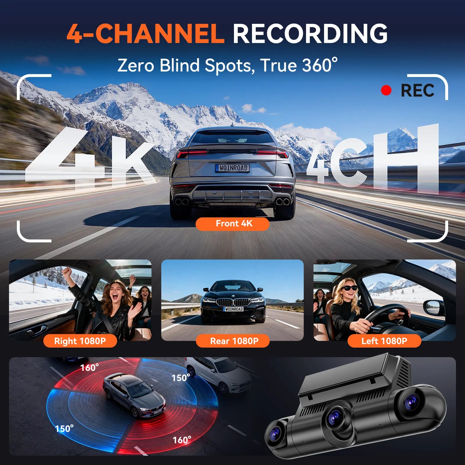 4K 4 Channel Dash Cam Front & 170° to 150° Ultra-Wide Angle 4Lenses Simultaneous Recording 5.8Ghz Wifi GPS 8 IR Lights Gravity Sensor Loop Recording 128GB SD Card Video Dashcam 4-Lens