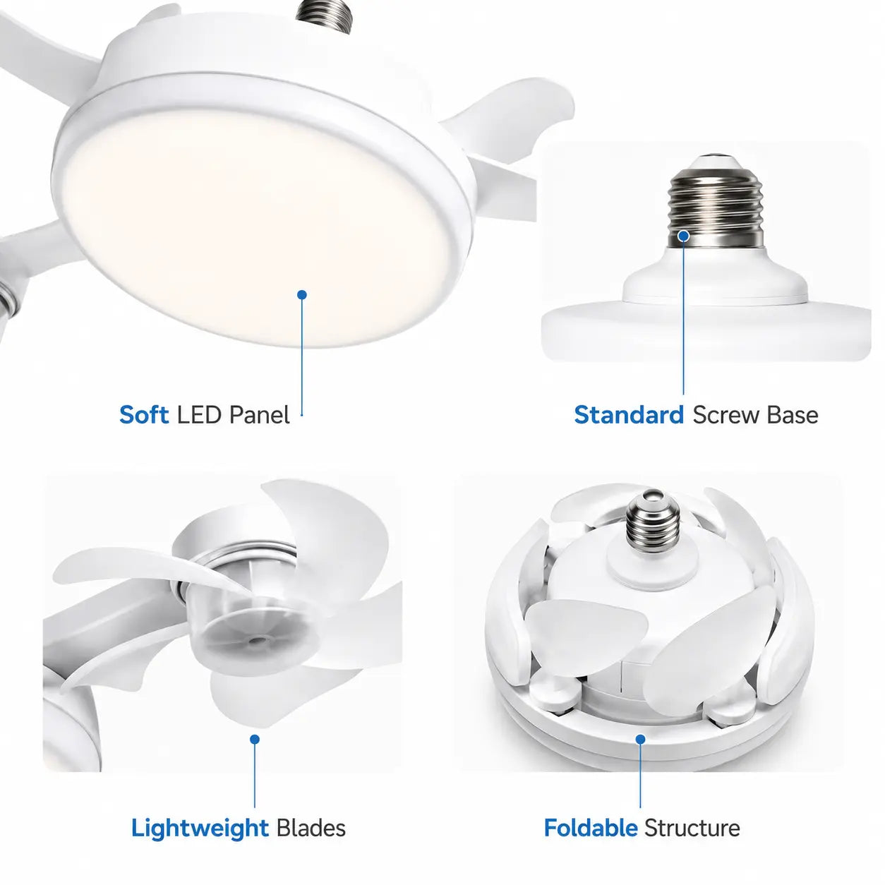Ceiling Fan Light with Remote Control, 19.69 Inch Screw in Fan Heads, Quiet Airflow & Bright Lighting, Easy LED Fan Light, E26/E27 Base Foldable Ceiling Fan with 4 Installation for Bedroom, Living Room, Kitchen, Office, Dorm, Small Room Use