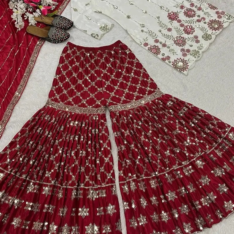 Indian Sharara - Red Traditional Dress with Floral Embroidery and Matching Accessories