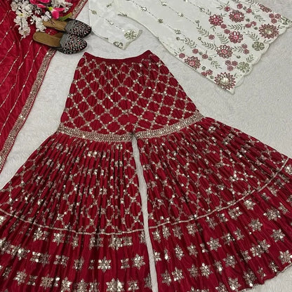 Indian Sharara - Red Traditional Dress with Floral Embroidery and Matching Accessories